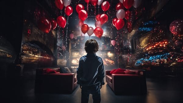 A young boy stands in a dark room filled with red balloons, festive lights, and reflective surfaces, creating a dramatic celebratory atmosphere
