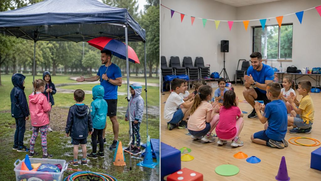 ChatGPT מפעיל ילדים עובר מפעילות חוץ בגשם להפעלה חלופית באולם מקורה